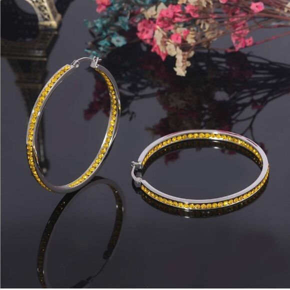 14K White Gold with Yellow Citrine Cubic Zirconia Big Hoop Latch Back Earrings - Picture 3 of 6